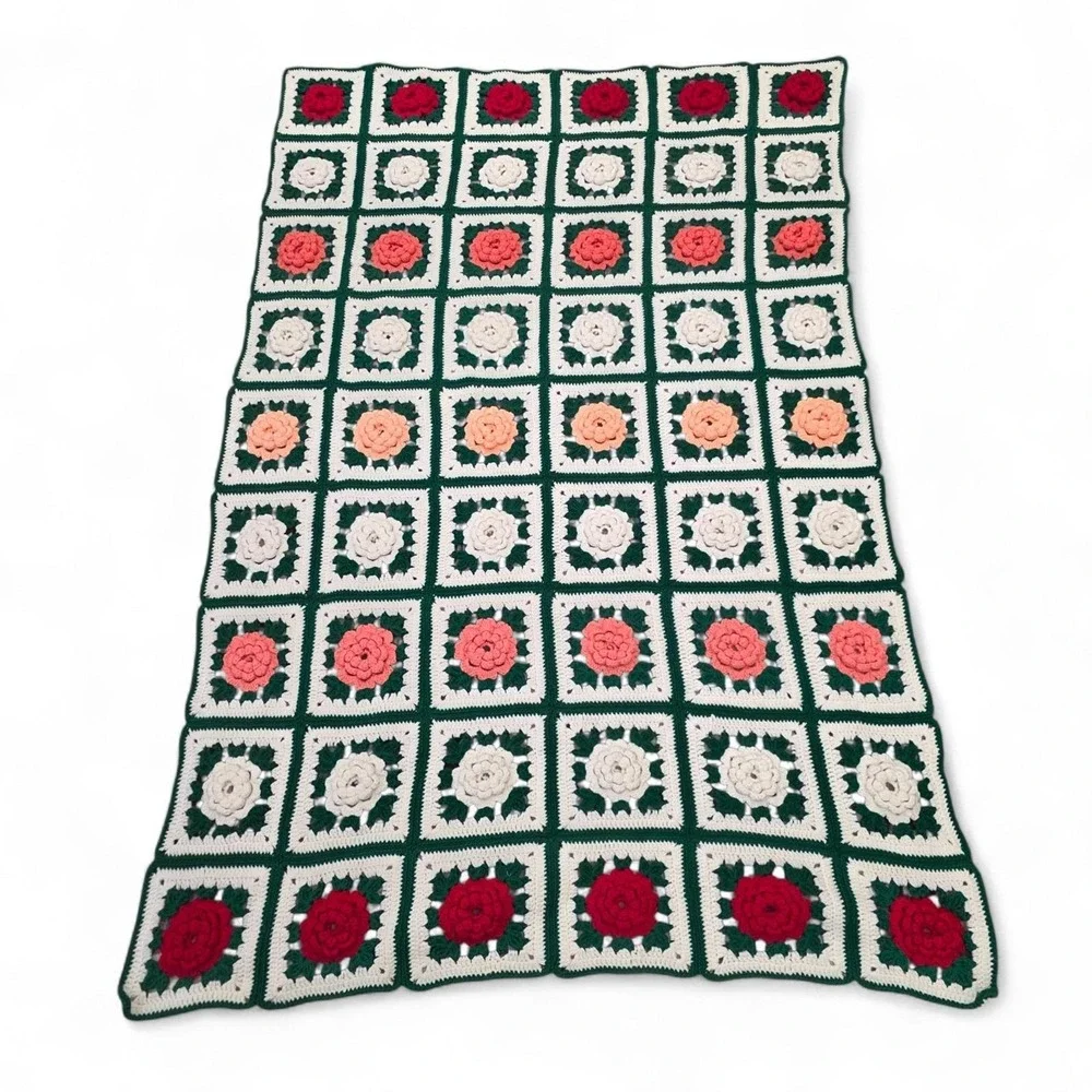 Handmade Crochet Knit Throw Granny Blanket 3D Afghan Roses Square Floral Cottage